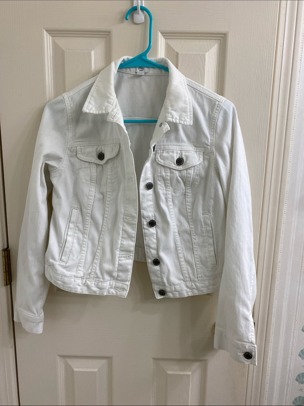 crown & ivy White Denim Jacket with Button Front